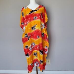 Easy Living Kaftan Womens XL Sea Life Print Longline Orange Pull-On Coverup XL